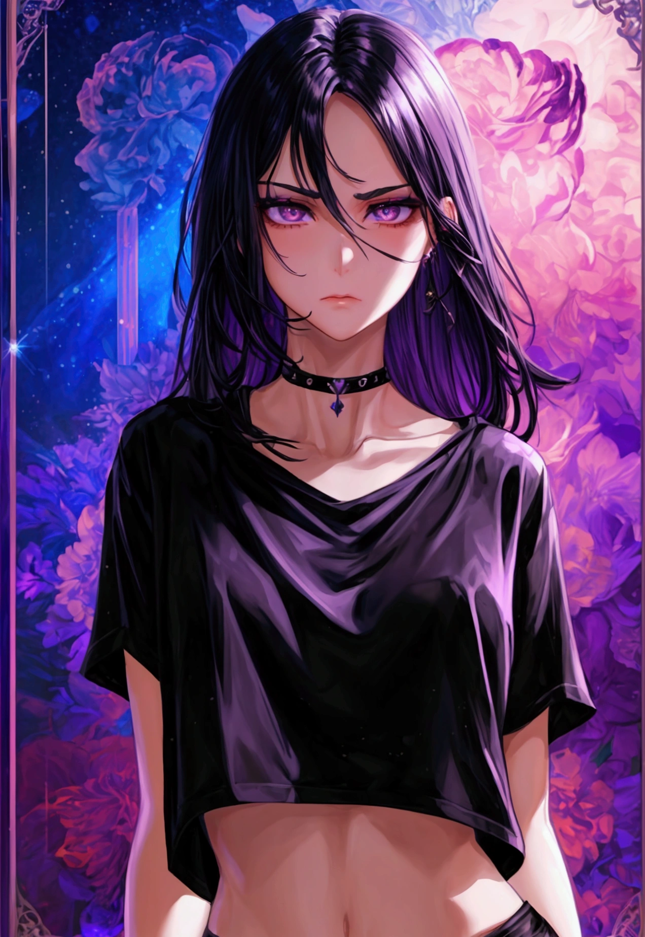 masterpiece, highly detailed, highest quality, high resolution, (1 girl), plain oversized T-shirt, ankle length socks, inky black violet hair, sharp facial features, arrogant and disdainful expression, high-bridged nose, medium height(175cm) slender and slim hourglass body, velvet-colored eyes)dark crimson with a mix of purple)
