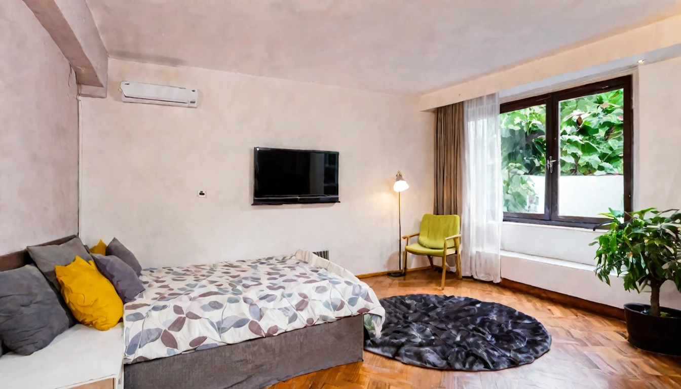 small humble studio, small television, simple bed, sofa, cozy, tense atmosphere, no people in the place