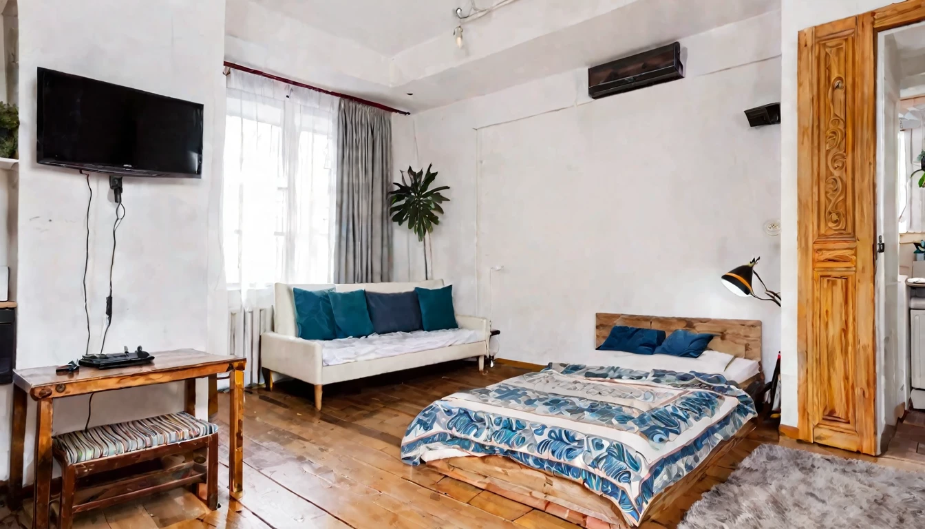 small humble studio, small television, simple bed, sofa, cozy, tense atmosphere, no people in the place