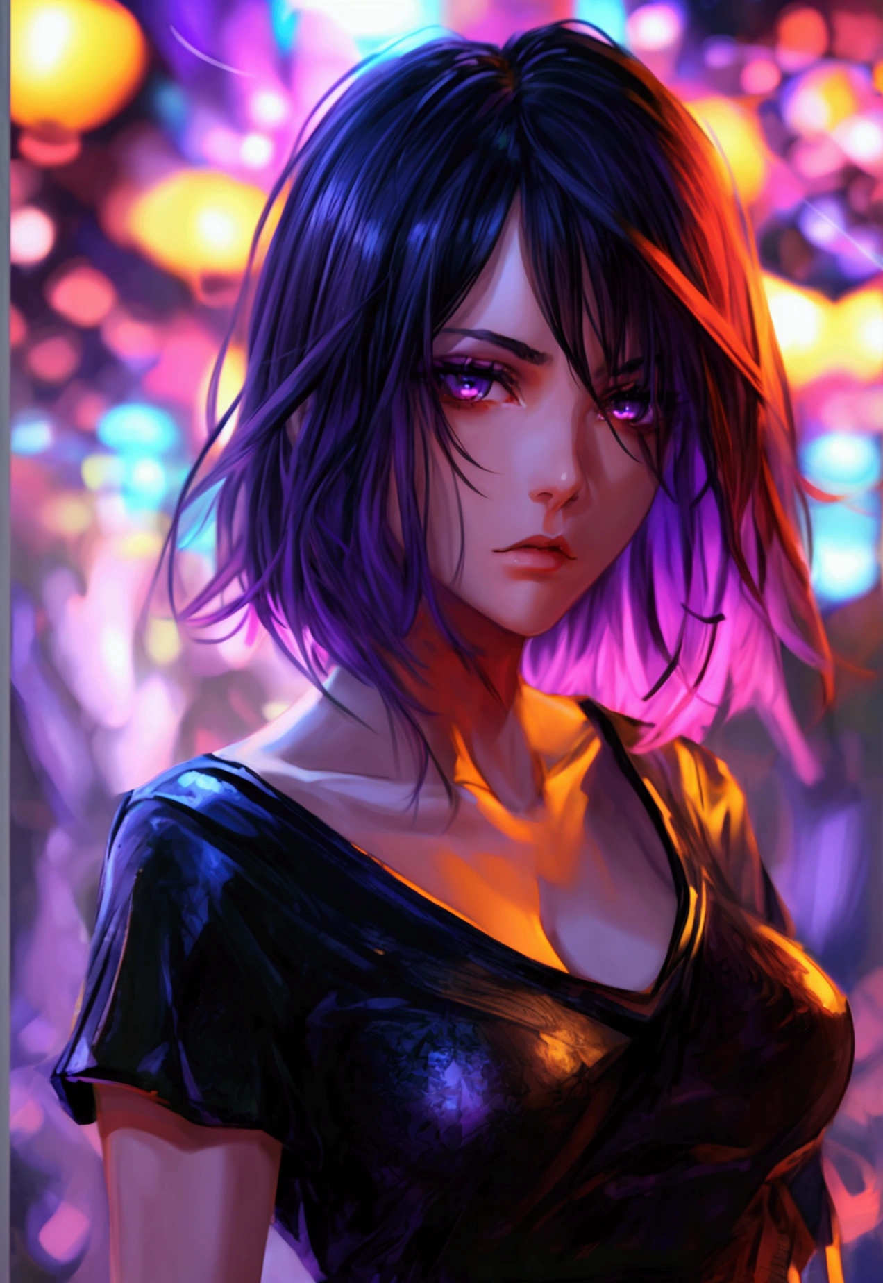 masterpiece, highly detailed, highest quality, high resolution, (1 girl), plain oversized T-shirt, ankle length socks, inky black violet hair, sharp facial features, arrogant and disdainful expression, high-bridged nose, medium height(175cm) slender and slim hourglass body, velvet-colored eyes)dark crimson with a mix of purple)