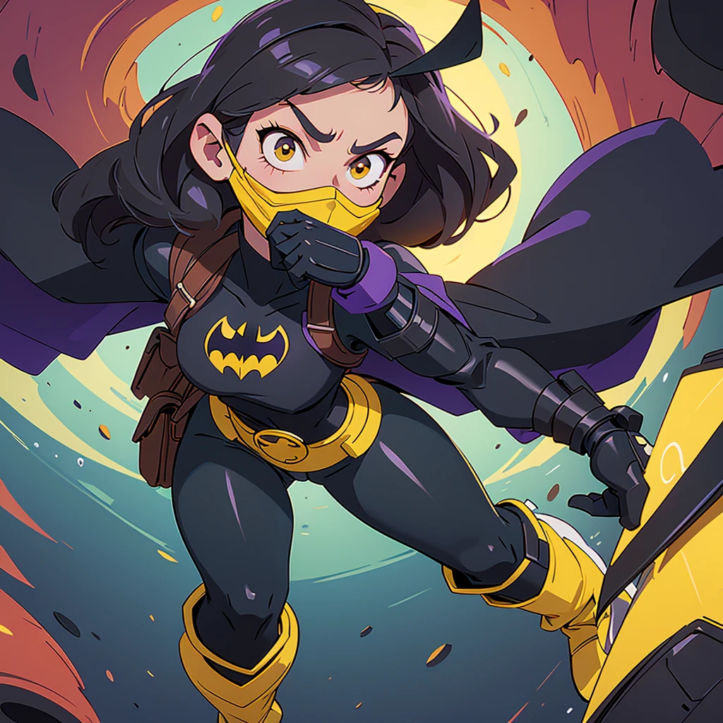 Disney 2D animation style fanart featuring the superheroine Batgirl, she will look like an 18 year old young adult.     She wears a black mask covering the upper part of her face and head, leaving her hair loose beneath the mask.  in the red vortex below the mask.     She wears a shorter black cape with yellow lining.     Her outfit is purple with a yellow bat on her chest.     It has a yellow utility belt with a more casual and modern design.     His gloves and boots are yellow and resemble combat boots.