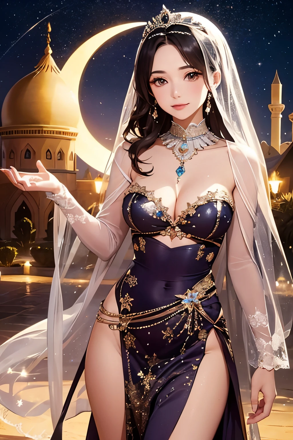 a princess, glittering silk dresses, sparkling accessories, desert kingdom, Arabian Night, crescent moon,