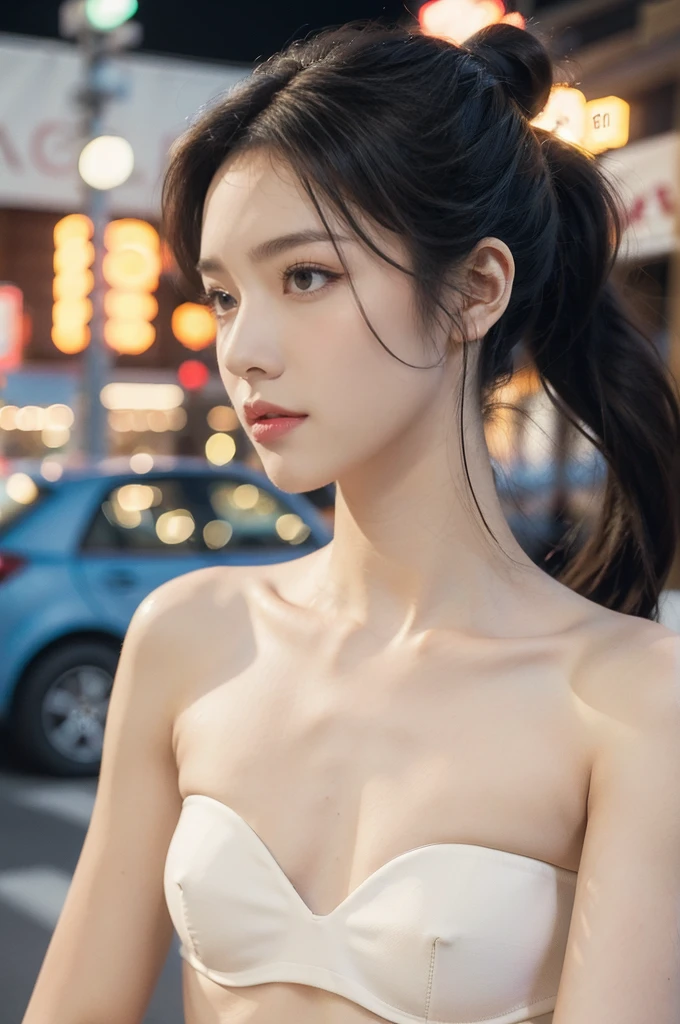 (((best quality))),(((ultra detailed))),(((masterpiece))),illustration,((1 beautiful girl,solo)),((slim,thin)),((small breasts,flat chest)),(short ponytail:1.2), summer night, city streets, (strapless white bra:1.3),gentle breeze, see-through shirt,rolled-up sleeves, casualness, youthful charm, natural beauty, facial features,ankles, vibrant colors, neon signs, streetlights, bustling activity, cars buzzing by, chatter of people, confident, ease, white outfit, vibrant urban landscape,(standing:1.3),((from front,close-up of face))