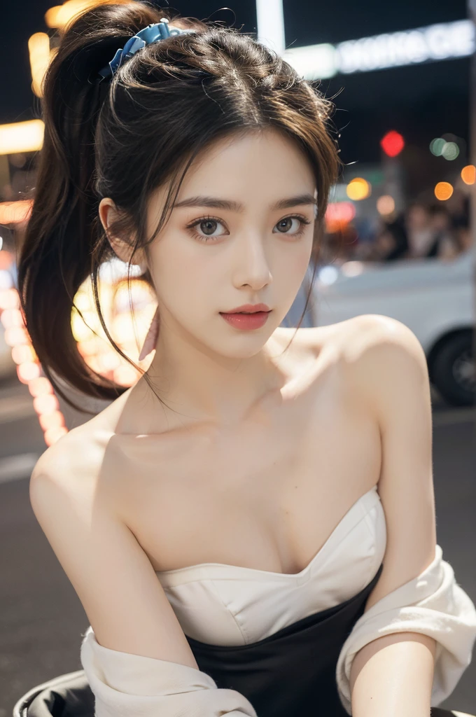 (((best quality))),(((ultra detailed))),(((masterpiece))),illustration,((1 beautiful girl,solo)),((slim,thin)),((small breasts,flat chest)),(short ponytail:1.2), summer night, city streets, (strapless white bra:1.3),gentle breeze, see-through shirt,rolled-up sleeves, casualness, youthful charm, natural beauty, facial features,ankles, vibrant colors, neon signs, streetlights, bustling activity, cars buzzing by, chatter of people, confident, ease, white outfit, vibrant urban landscape,(standing:1.3),((from front,close-up of face))