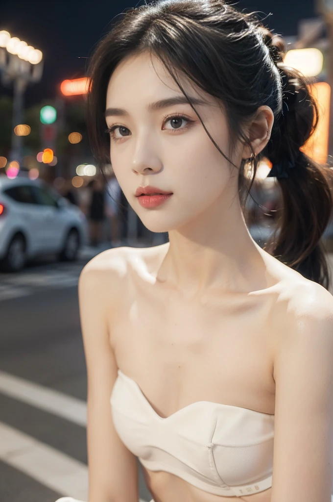(((best quality))),(((ultra detailed))),(((masterpiece))),illustration,((1 beautiful girl,solo)),((slim,thin)),((small breasts,flat chest)),(short ponytail:1.2), summer night, city streets, (strapless white bra:1.3),gentle breeze, see-through shirt,rolled-up sleeves, casualness, youthful charm, natural beauty, facial features,ankles, vibrant colors, neon signs, streetlights, bustling activity, cars buzzing by, chatter of people, confident, ease, white outfit, vibrant urban landscape,(standing:1.3),((from front,close-up of face))