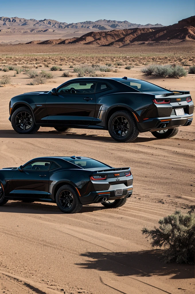 A Camaro with all-terrain tires in the desert 