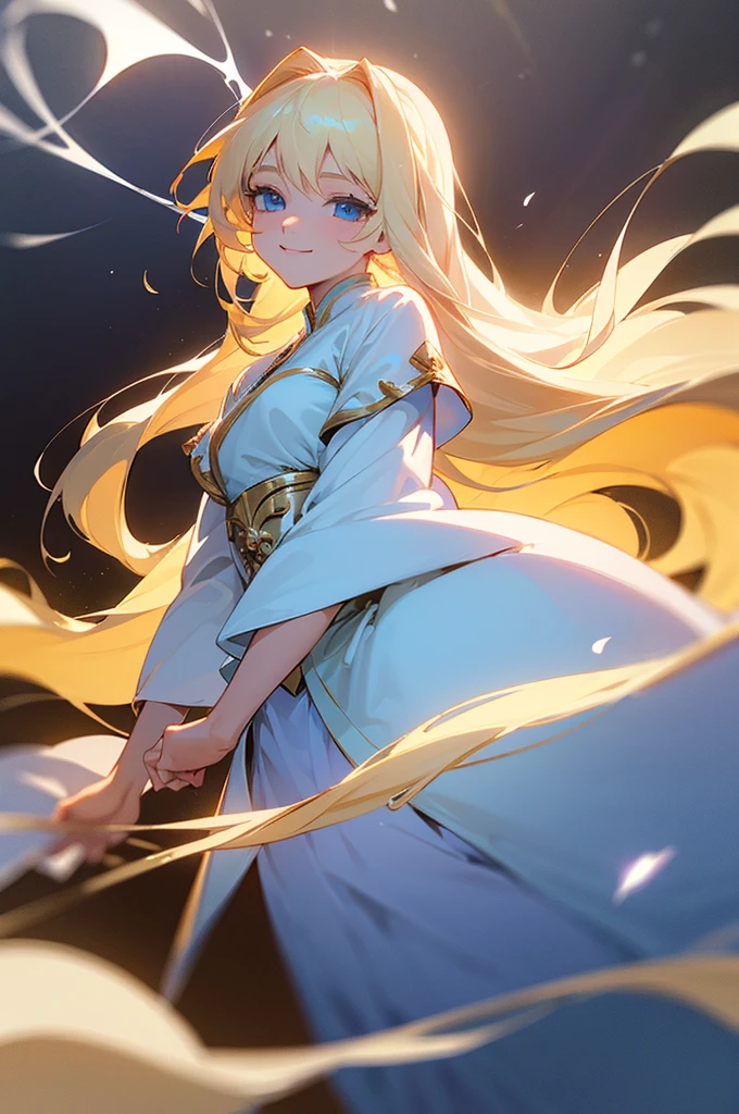 ((best quality)), ((masterpiece)), (detailed), female, soft, light complexion, regal, striking blue eyes, perfect eyes, smiling, bleach blonde hair, long hair, celestial deity, beautiful flowy outfit, grown, not young, close up