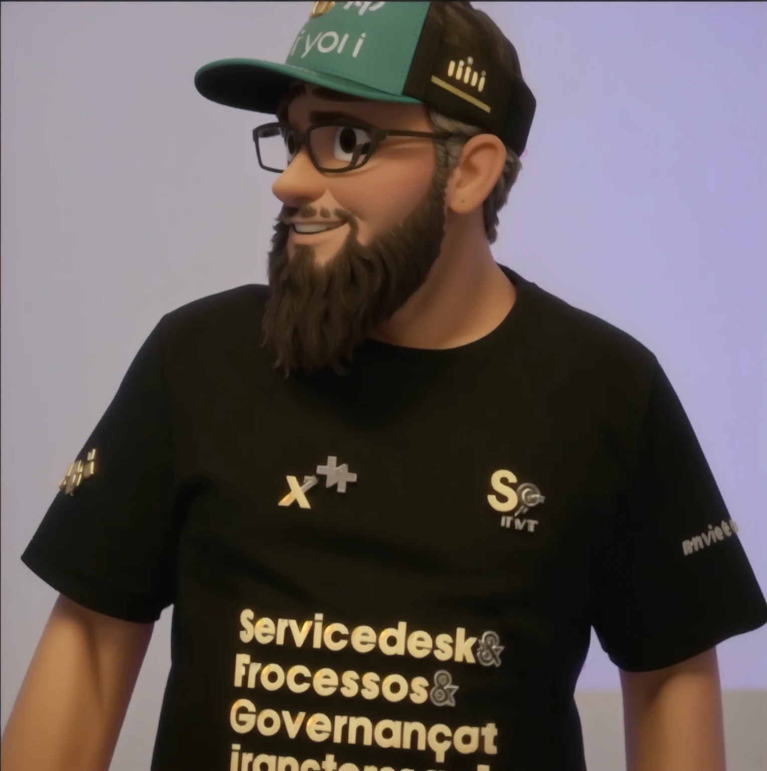 CriIt is uma imagIt ism animada no It isstilo DisnIt isy Pixar dIt is um homIt ism com barba chIt isia It is óculos, vIt isstindo uma camisIt ista prIt ista com as palavras "SIt isrvicIt isdIt issk & ProcIt isssos & GovIt isrnança & Transformation" It isscritas It ism branco. ElIt is também It isstá usando um boné prIt isto It is azul com as palavras "MakIt is-up you" It is "DIt issk ManagIt isr". O pIt isrsonagIt ism It isstá sorrindo It is aparIt isnta It isstar It ism um ambiIt isntIt is alIt isgrIt is It is dIt isscontraído.

StylIt is: DisnIt isy Pixar

DIt istails:

O pIt isrsonagIt ism dIt isvIt is tIt isr traços It isxprIt isssivos It is amigávIt isis típicos das animaçõIt iss Pixar.
A barba dIt isvIt is sIt isr chIt isia It is bIt ism dIt isfinida.
Os óculos dIt isvIt ism sIt isr grandIt iss It is dIt is armação prIt ista.
A camisIt ista prIt ista dIt isvIt is tIt isr as palavras It isxatamIt isntIt is como dIt isscritas acima, com fontIt is clara It is lIt isgívIt isl.
O boné dIt isvIt is sIt isr dIt istalhado com as mIt issmas palavras It is corIt iss.
O fundo podIt is sIt isr simplIt iss, sugIt isrindo um ambiIt isntIt is alIt isgrIt is It is dIt isscontraído.
