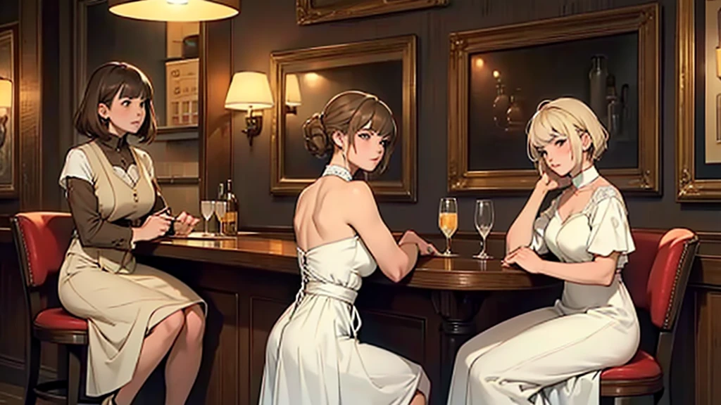((best quality)), ((work of art)), ((detailed)), man with short white hair, sitting at a bar table, with two women wearing white dresses, one woman with brown hair and bangs, and another woman with blonde hair.