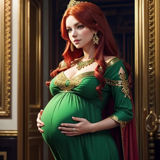 Beautiful pregnant queen, red hair, ornate green dress with gold details, 