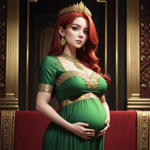 Beautiful pregnant queen, red hair, ornate green dress with gold details,