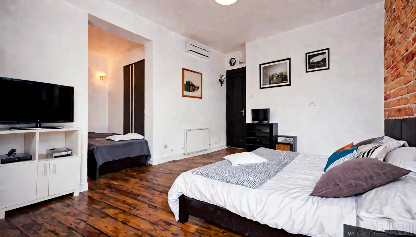 small humble studio, small television, simple bed, sofa, cozy, tense atmosphere, no people in the place