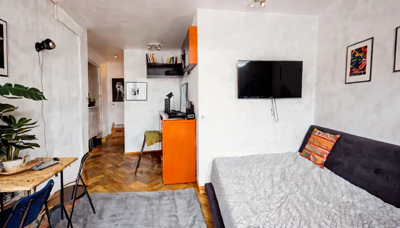 small humble studio, small television, simple bed, sofa, cozy, tense atmosphere, no people in the place