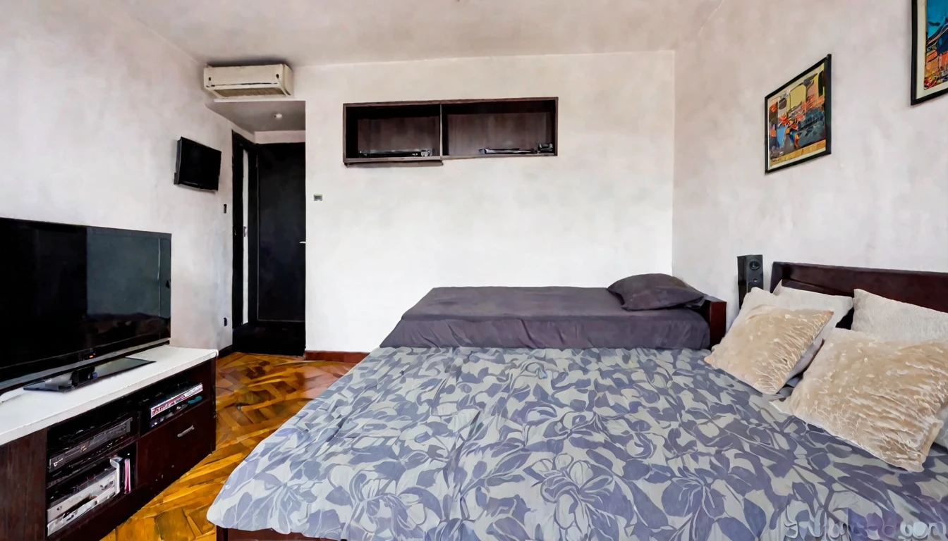 small humble studio, small television, simple bed, sofa, cozy, tense atmosphere, no people in the place