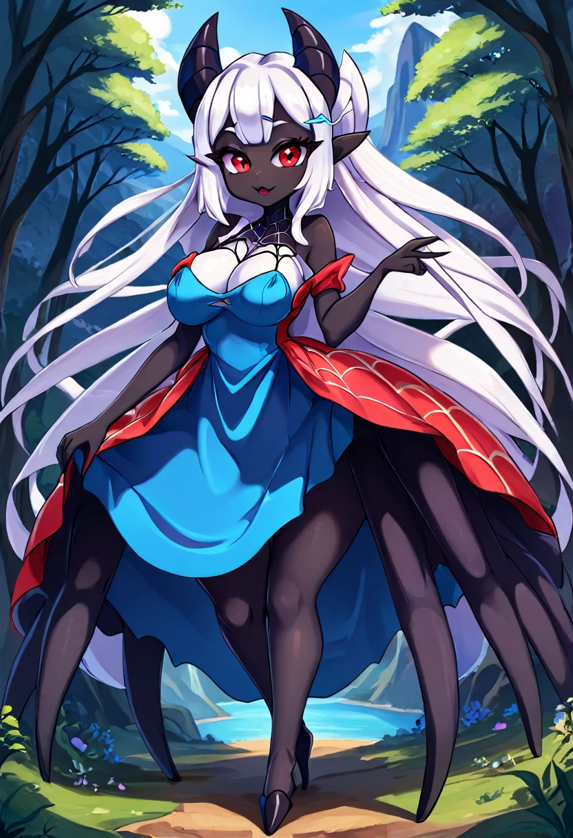 High resolution:1.2, best quality, perfect face, perfect anatomy, expressive eyes, fantasy landscape, 1girl, cute arachne, cute spider goddess, full body, medium breasts, white hair with highlights, black hair, long hair, pointed ears, red eyes, sexy dress, blue eyes, headgear, 8-legged spider