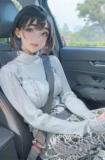 (Browsing Caution:1.3), ((Highest quality, masterpiece, 8K, High resolution, detailed)), ((Photo of a beautiful girl sitting in the passenger seat of a car)), ((Beautiful girl wearing knitwear)), (Knitwear that lets your underwear show through:1.2), Turtleneck knit, Sleeveless knitwear, 16 year old high school girl, (Large, firm breasts), Beautiful and distortion-free face, Young and sexy gravure idol, Young and cute gravure idol, Realistic young gravure idol, Young and thin gravure idol, realistic sensual gravure idol, Japanese Goddess, Sexy Girl,(Natural Side Lighting, Cinema Lighting), Written boundary depth, Looking at the audience, 1 Girl, Japanese, ((Bob Hair)), Perfect Face, Cute symmetrical face, Pale skin, Shiny skin, Asymmetrical bangs, Big eyes, Droopy eyes, Long eyelashes, thin, Beautiful Hair, Beautiful Face, Beautiful and beautiful eyes, Beautiful clavicle, Beautiful body, Beautiful breasts, Beautiful thighs, Beautiful legs, Beautiful fingers, (Beautiful views), evening, Droopy eyes, 