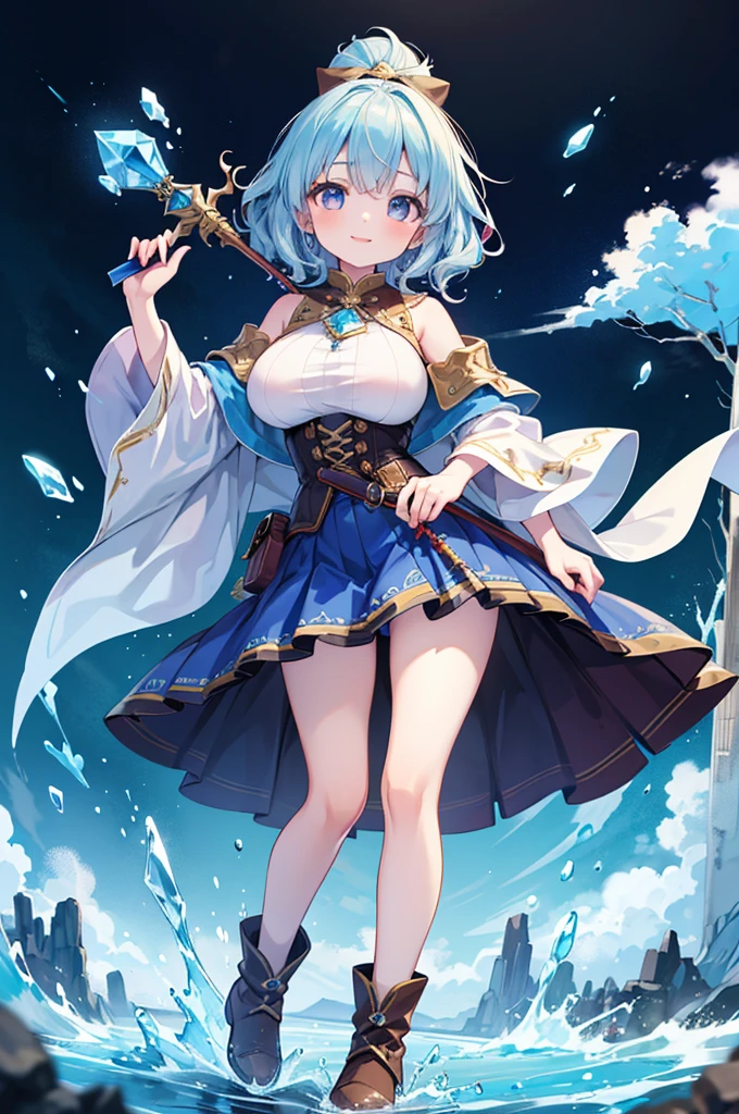 Fantasy,((Masterpiece)),((high resolution)),((Best Quality)),Anime illustration,((1girl)),(wavy hair),(short hair),(pale blue hair color),small ponytail,headband,Indigo eyes,(Big round eyes),((tareme)),12 years old,((baby face)),(((very big breasts))),Short stature,Young,(loli),,ice wizard,sleeveless white blouse,Blue mini skirt,slit,Brown corset,brown capelet,smile,,Brown long boots,wizard's wand with blue gem,