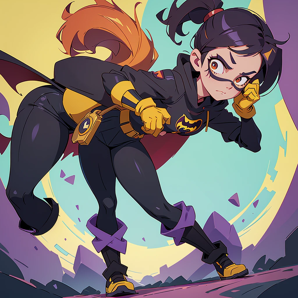 Disney 2D animation style fanart featuring the superheroine Batgirl, she will look like an 18 year old young adult. She wears a black mask covering the upper part of her face and head, leaving her hair loose beneath the mask. her hair color is red. in the red vortex below the mask. She wears a shorter black cape with yellow lining. Her outfit is purple with a yellow bat on her chest. It has a yellow utility belt with a more casual and modern design. His gloves and boots are yellow and resemble combat boots.