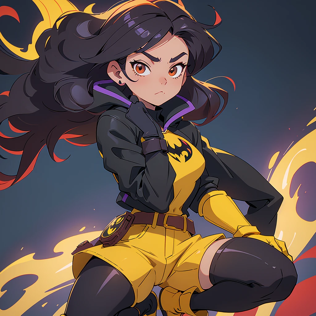 Disney 2D animation style fanart featuring the superheroine Batgirl, she will look like an 18 year old young adult.     She wears a black mask covering the upper part of her face and head, leaving her hair loose beneath the mask.  her hair color is red.  in the red vortex below the mask.     She wears a shorter black cape with yellow lining.     Her outfit is purple with a yellow bat on her chest.     It has a yellow utility belt with a more casual and modern design.     His gloves and boots are yellow and resemble combat boots.