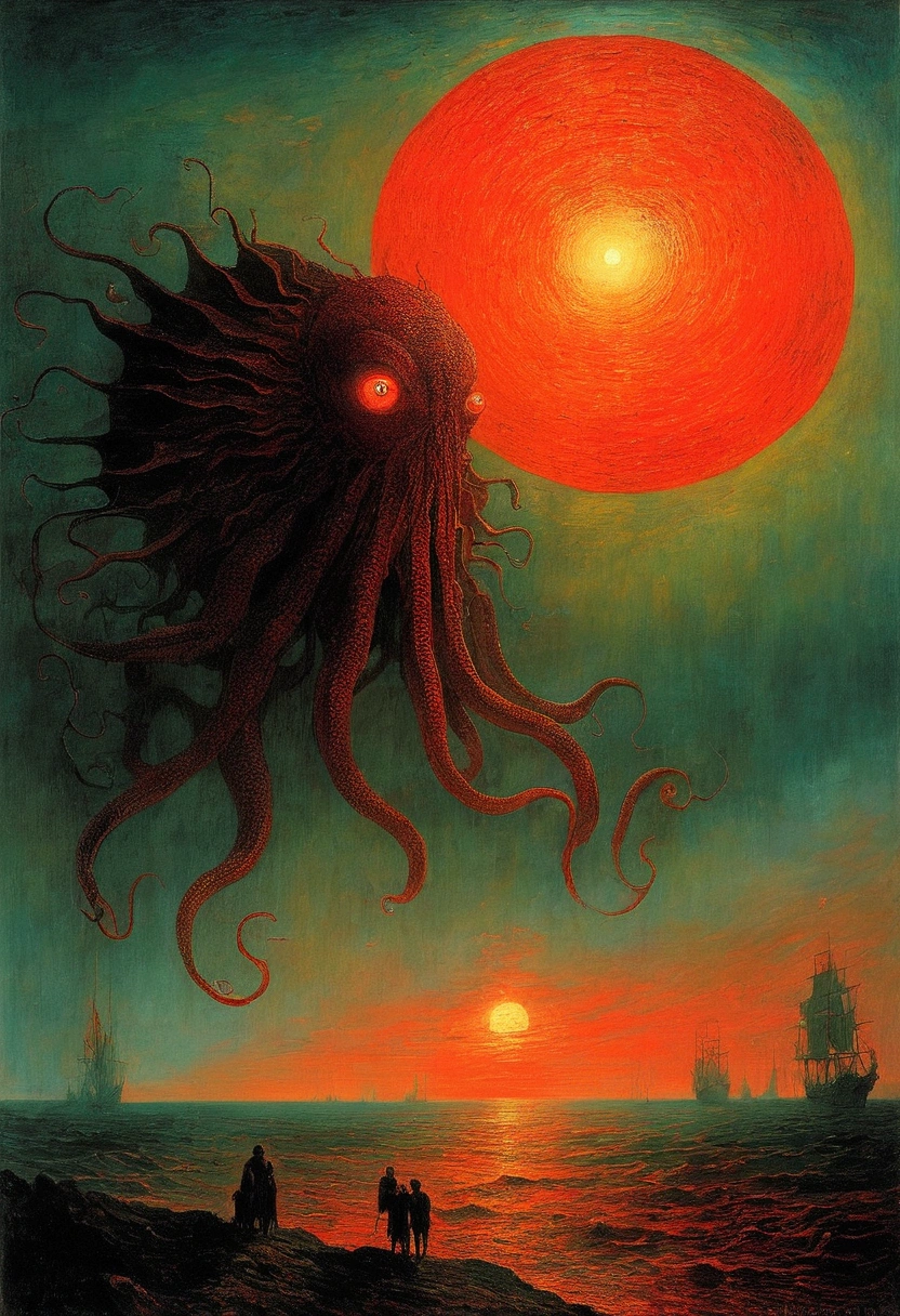 Mythical creatures, author：Zdzislaw Beksiński and Vincent van Gogh, Red moon and big eyeucha、Cthulhu