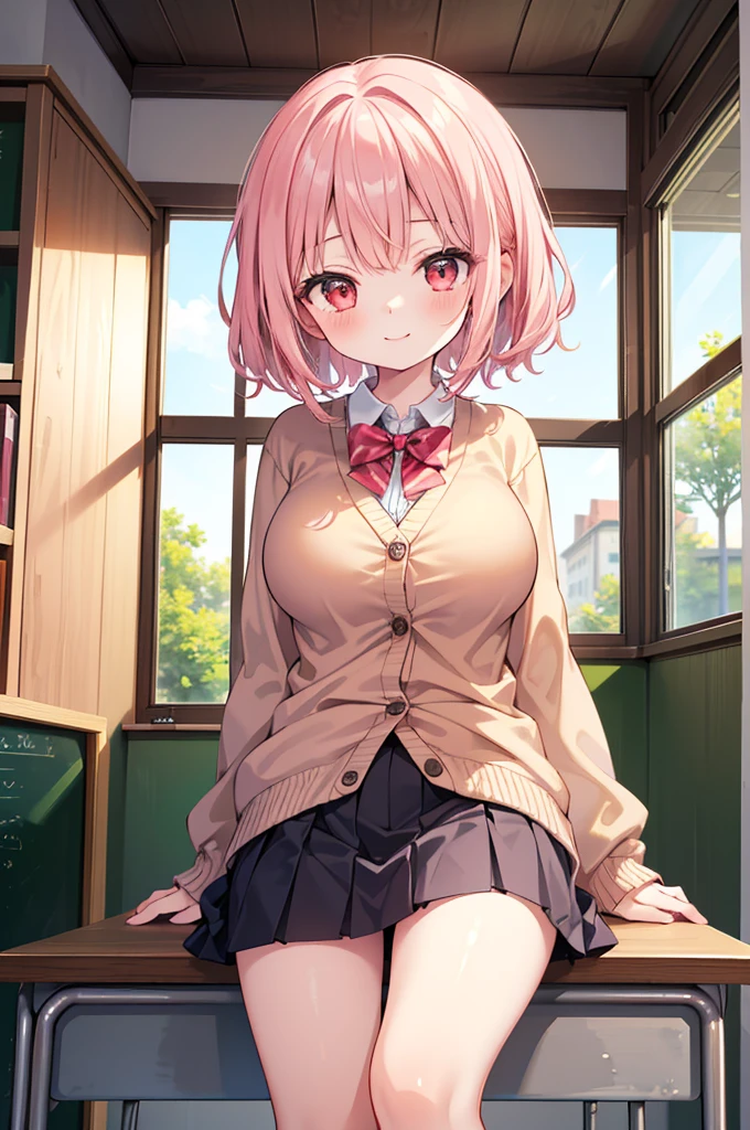 Fantasy,((Masterpiece)),((high resolution)),((Best Quality)),Anime illustration,(((1girl))),,(wavy hair),(short hair),(pale pink hair color),small ponytail,Red eyes,(Big round eyes),((tareme)),12 years old,((loli face)),((very big breasts)),Short stature,Young,,,cardigan,mini skirt,smile,Ladylike,classroom,