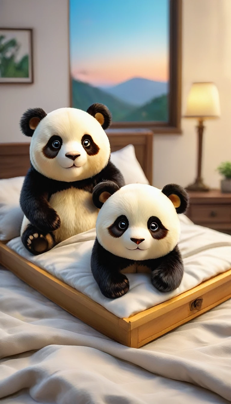 With the sunset in the background,(masterpiece:1.2, high quality), Two pandas sleeping together in bed、