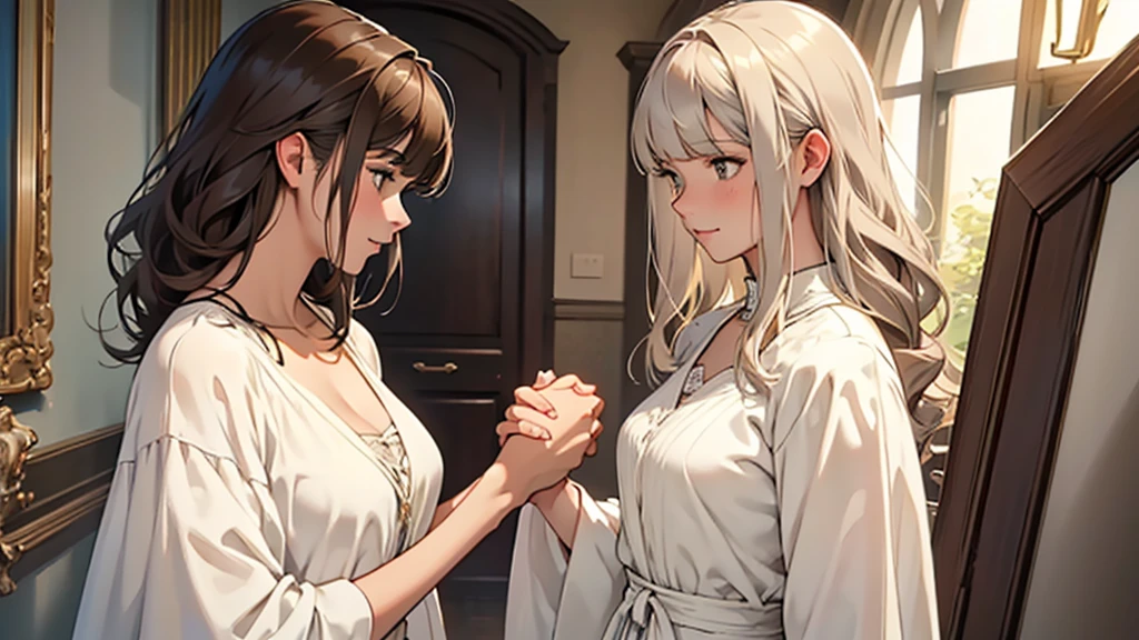 ((best quality)), ((work of art)), ((detailed)), man, white hair, casual clothes, shaking hands with a woman, brown hair with bangs, wearing a white dress with a neckline