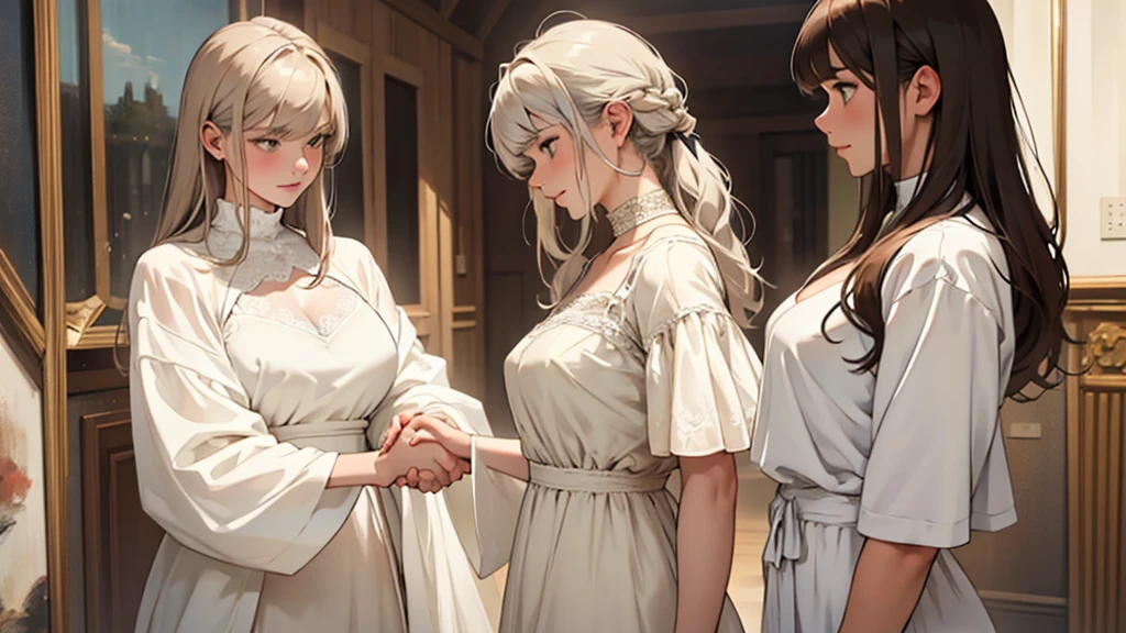 ((best quality)), ((work of art)), ((detailed)), man, white hair, casual clothes, shaking hands with a woman, brown hair with bangs, wearing a white dress with a neckline