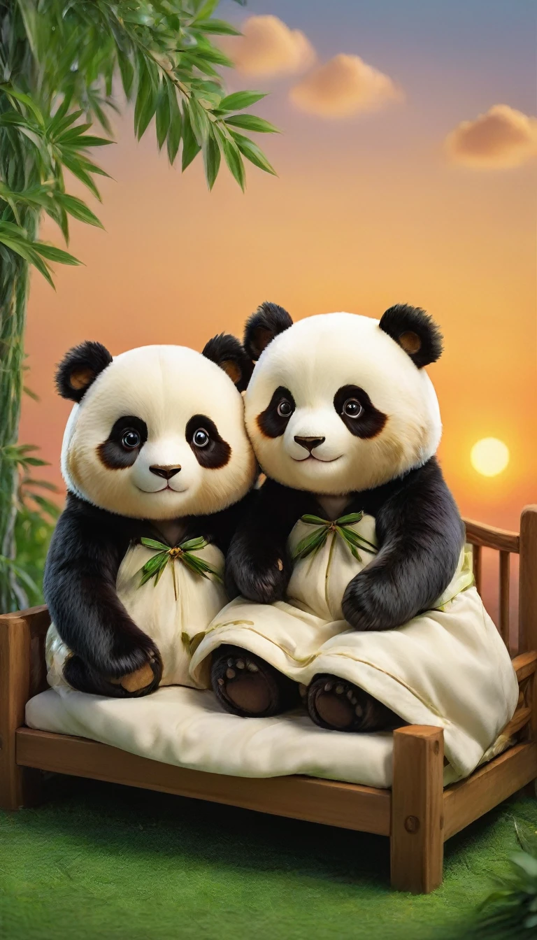 With the sunset in the background,(masterpiece:1.2, high quality), Two pandas sleeping together in bed、