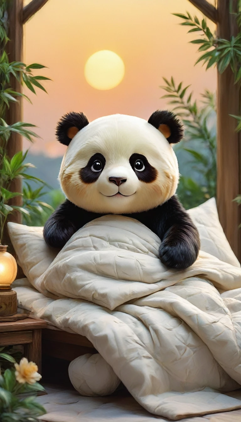 With the sunset in the background,(masterpiece:1.2, high quality), Two pandas sleeping together in bed、