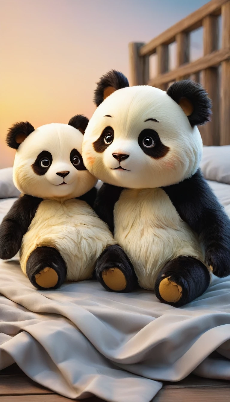 With the sunset in the background,(masterpiece:1.2, high quality), Two pandas sleeping together in bed、