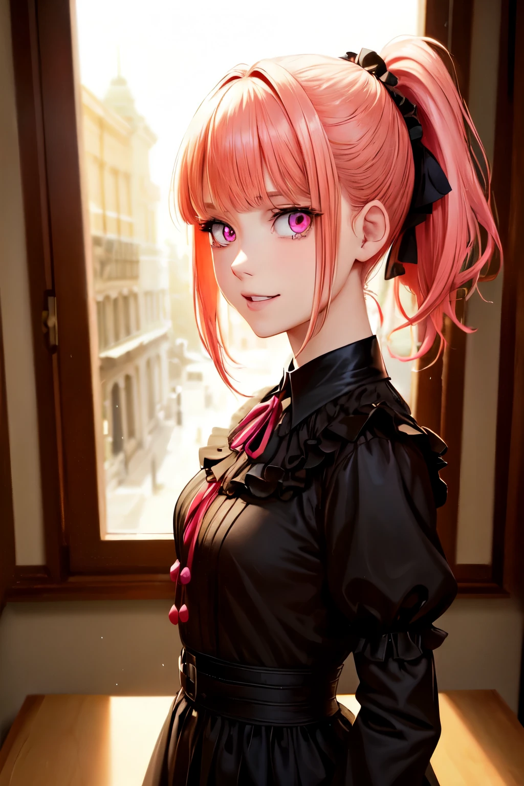 (masterpiece), best quality, expressive eyes, perfect face, {{{{masterpiece}}}},{{{emaiti}}}, {{{Super detailed}}}, {{{high resolution}}}, {{good anatomy}}, (((best quality))),(((neon pink eyes))),{{Extremely detailed and refined}}, {4k CG wallpaper}, {{illustration}}, ((red hair)),((looking out a window,in school)),(((face portrait,detailed face,big big eyeballs,standing,bust,standing))),(((sideponytail:1.2|short hair|ponytail|Detailed hair|blunt bangs|shiny hair))),(((Gothic blonde outfit,dress frills,neck collar))),{{{happy,smile with teeth}}},(lesbian,1 woman:1),(small breasts),masterlighting,((The details are complex、Shallow depth of field、movie lighting、Reflectors、a Canon EOS R5、50mm lens、f / 2.8、shot at 8k resolution)),yandere girl,,Three View, Best anime 4k,short detailed hair,gary gradient background, (masterpiece), best quality, expressive eyes, perfect face, (Super detailed,ultra high resolution,detailed background)),ancient city,dark forest at night,spooky,Chill,Inspiration,1 girl,wearing a minidress、Wearing a white collared long-sleeved