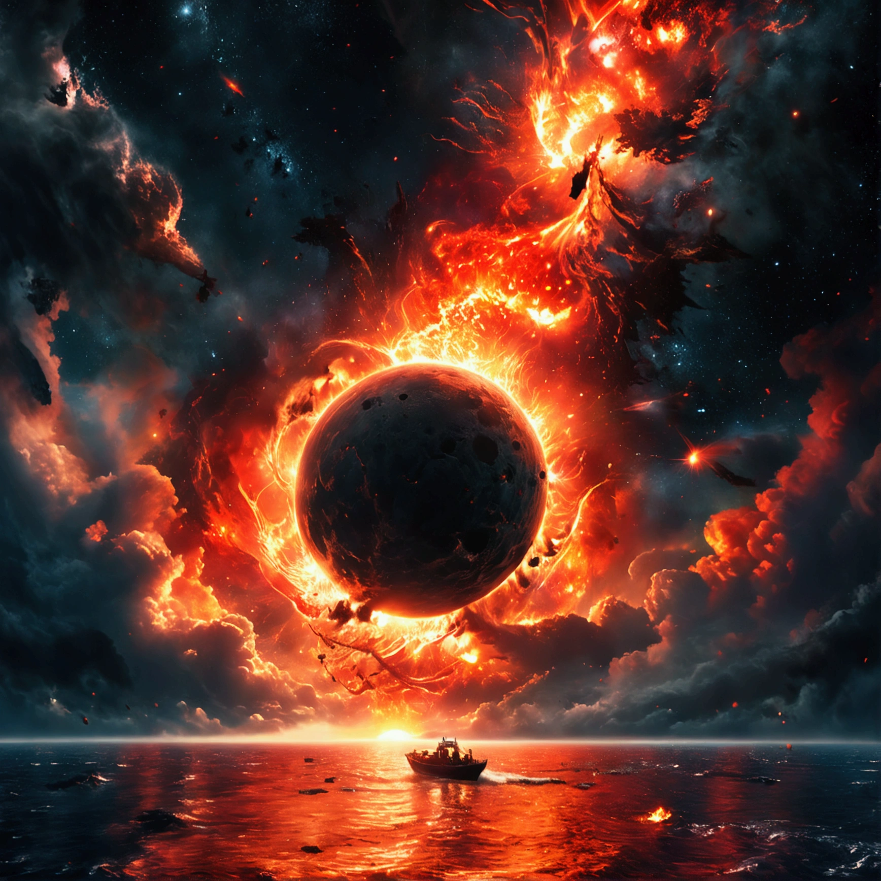 ((best qualityer)), ((work of art)), (dramatic scene), Earth and Sun collapse into black holes like the Sun, (Enlightenment of the last days:1.3), The sun darkens when ejected, (epic composition:1.2), Earth bathed in red light, (CG animation:1.1), Flames and debris are inhaled, (Emergency atmosphere:1.2), People escaping by boat, (movie atmosphere:1.3), Nebulae and galaxies in the background, (hight contrast:1.1), (8k resolution:1.0),five verses