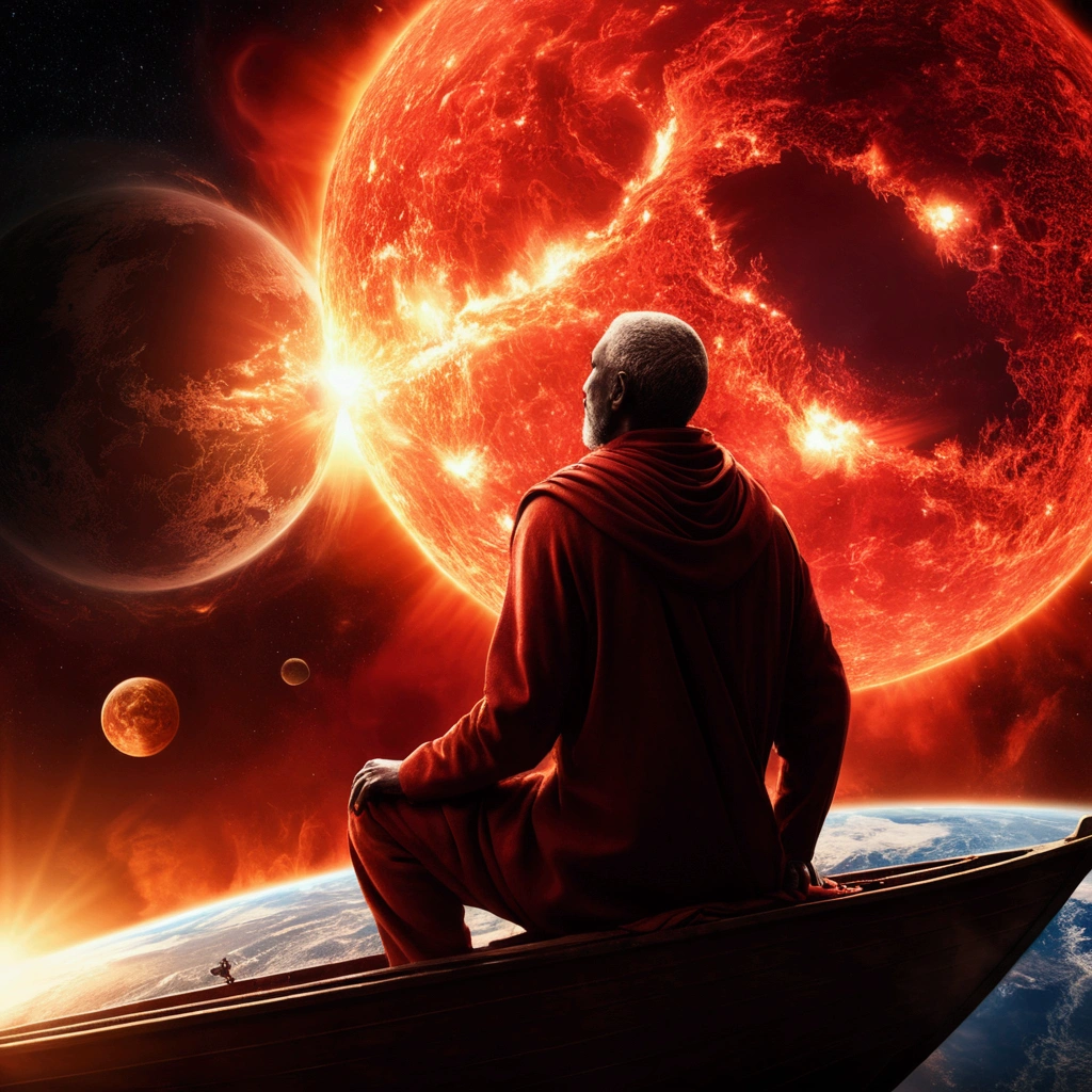 ((best qualityer)), ((work of art)), (dramatic scene), Earth and Sun collapse into black holes like the Sun, (Enlightenment of the last days:1.3), The sun darkens when ejected, (epic composition:1.2), Earth bathed in red light, (CG animation:1.1), Flames and debris are inhaled, (Emergency atmosphere:1.2), People escaping by boat, (movie atmosphere:1.3), Nebulae and galaxies in the background, (hight contrast:1.1), (8k resolution:1.0),five verses