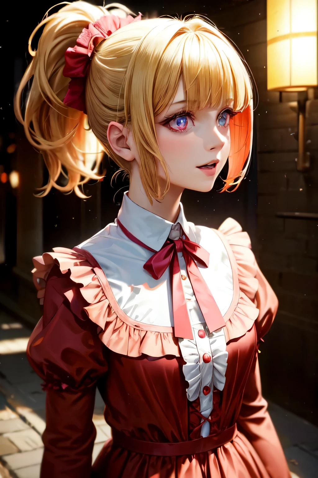 (masterpiece), best quality, expressive eyes, perfect face, {{{{masterpiece}}}},{{{emaiti}}}, {{{Super detailed}}}, {{{high resolution}}}, {{good anatomy}}, (((best quality))),(((neon pink eyes))),{{Extremely detailed and refined}}, {4k CG wallpaper}, {{illustration}}, ((red hair)),((looking out a window,in school)),(((face portrait,detailed face,big big eyeballs,standing,bust,standing))),(((sideponytail:1.2|short hair|ponytail|Detailed hair|blunt bangs|shiny hair))),(((Gothic blonde outfit,dress frills,neck collar))),{{{happy,smile with teeth}}},(lesbian,1 woman:1),(small breasts),masterlighting,((The details are complex、Shallow depth of field、movie lighting、Reflectors、a Canon EOS R5、50mm lens、f / 2.8、shot at 8k resolution)),yandere girl,,Three View, Best anime 4k,short detailed hair,gary gradient background, (masterpiece), best quality, expressive eyes, perfect face, (Super detailed,ultra high resolution,detailed background)),ancient city,dark forest at night,spooky,Chill,Inspiration,1 girl,wearing a minidress、Wearing a white collared long-sleeved