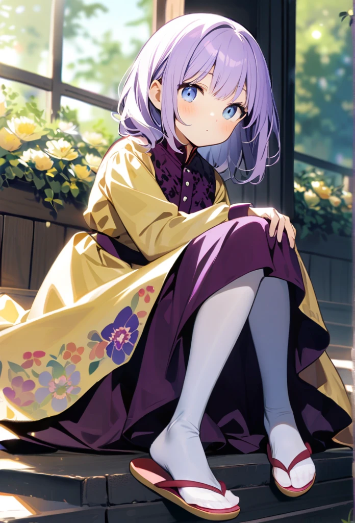 a girl with long, light purple hair, light blue eyes, who has a burgundy blouse with long-sleeved yellow buttons, who has a long jacket that reaches to her feet and that has a flower pattern and that is light purple, have a short burgundy skirt, have white tights and have purple flip flops