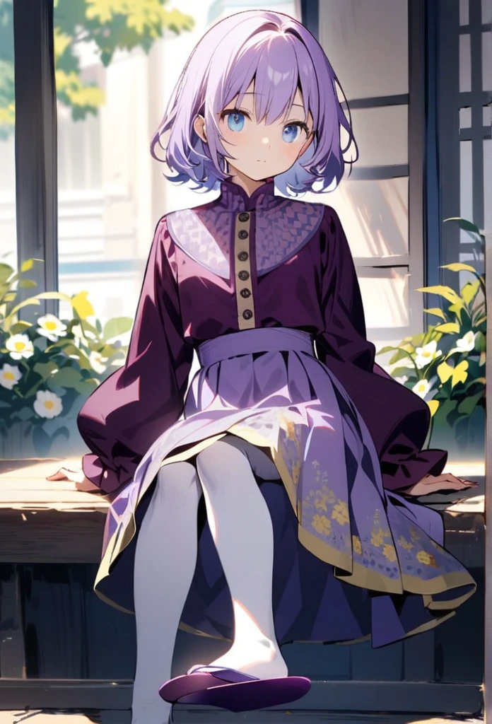a girl with long, light purple hair, light blue eyes, who has a burgundy blouse with long-sleeved yellow buttons, who has a long jacket that reaches to her feet and that has a flower pattern and that is light purple, have a short burgundy skirt, have white tights and have purple flip flops