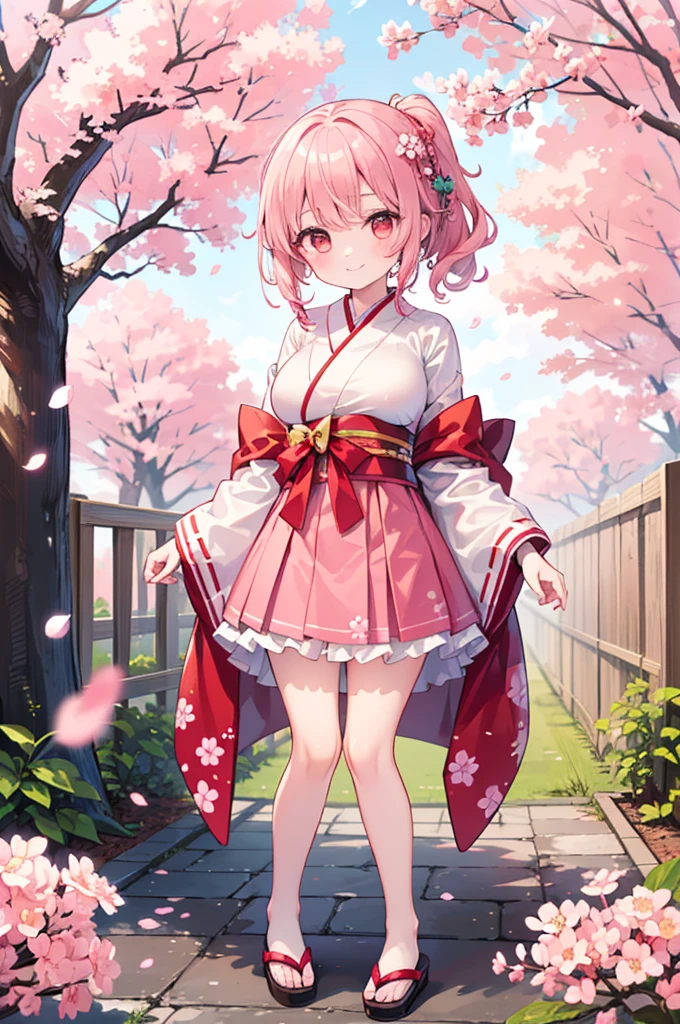 ((Masterpiece)),((high resolution)),((Best Quality)),Anime illustration,(((1girl))),,(wavy hair),(short hair),(pale pink hair color),small ponytail,Red eyes,(Big round eyes),((tareme)),,((loli face)),ry big breasts)),Short stature,,kimono,mini skirt,smile,Ladylike,cherry blossoms,