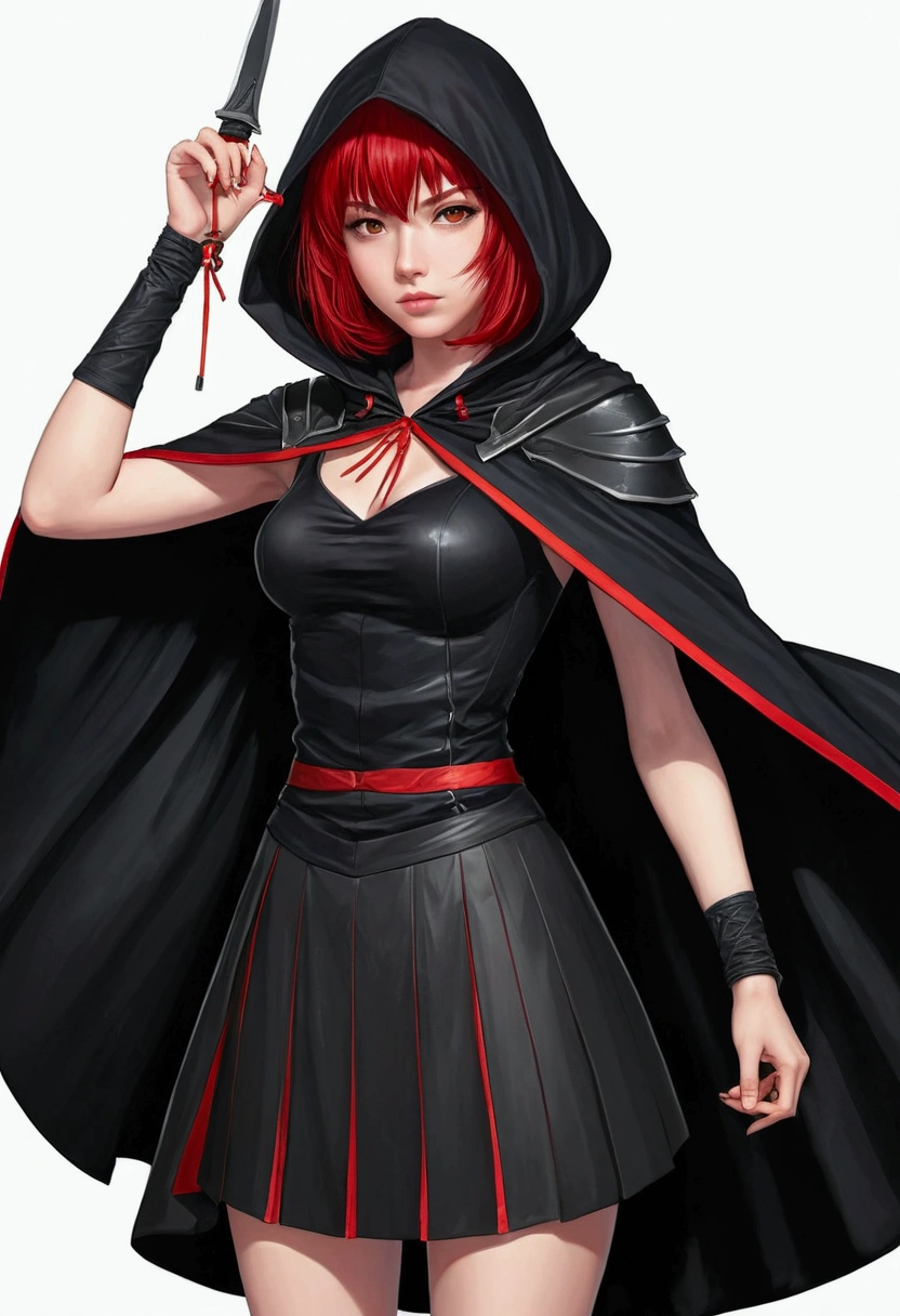 1 girl, hair with red tips, short hair with bangs, black dress or skirt, black large cape hood, with a kunai in his hand, anime style