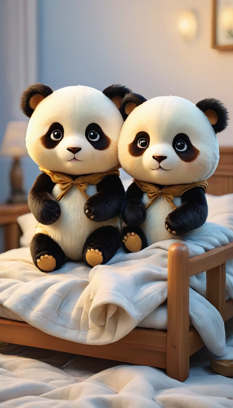 With the sunset in the background,(masterpiece:1.2, high quality), Two  pandas sleeping together in bed、