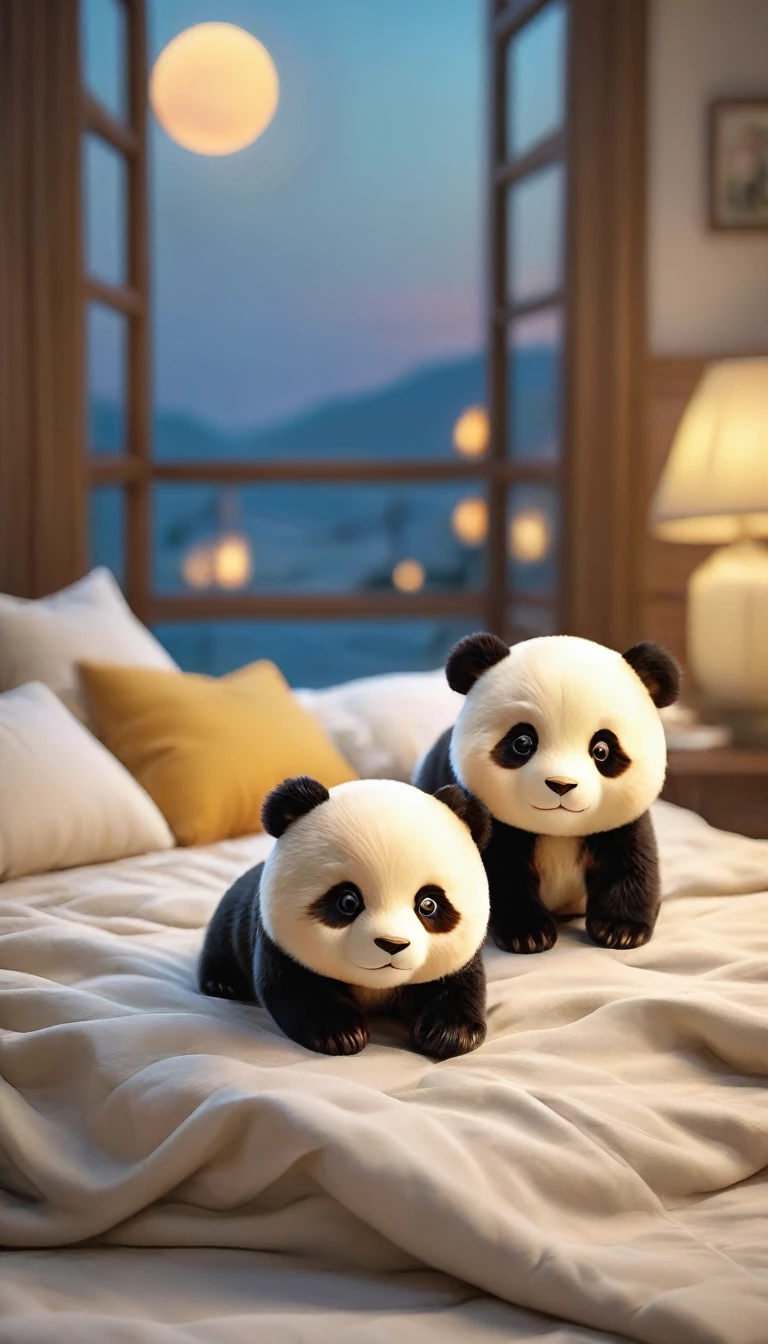 With the sunset in the background,(masterpiece:1.2, high quality), Two baby pandas sleeping together in bed、