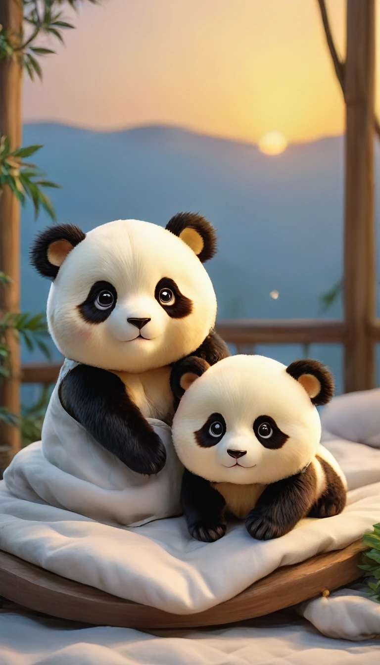With the sunset in the background,(masterpiece:1.2, high quality), Two baby pandas sleeping together in bed、