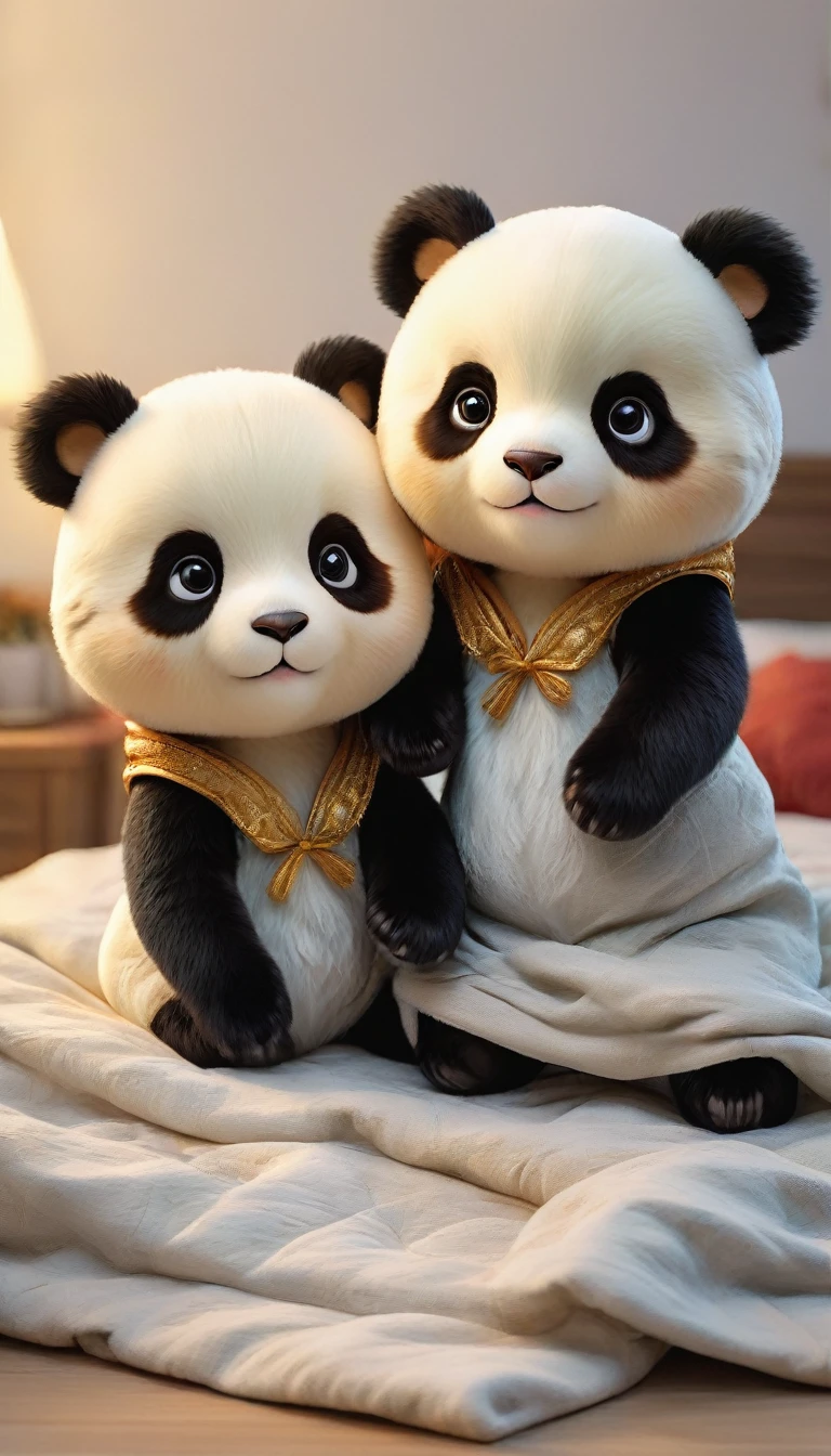 With the sunset in the background,(masterpiece:1.2, high quality), Two baby pandas sleeping together in bed、
