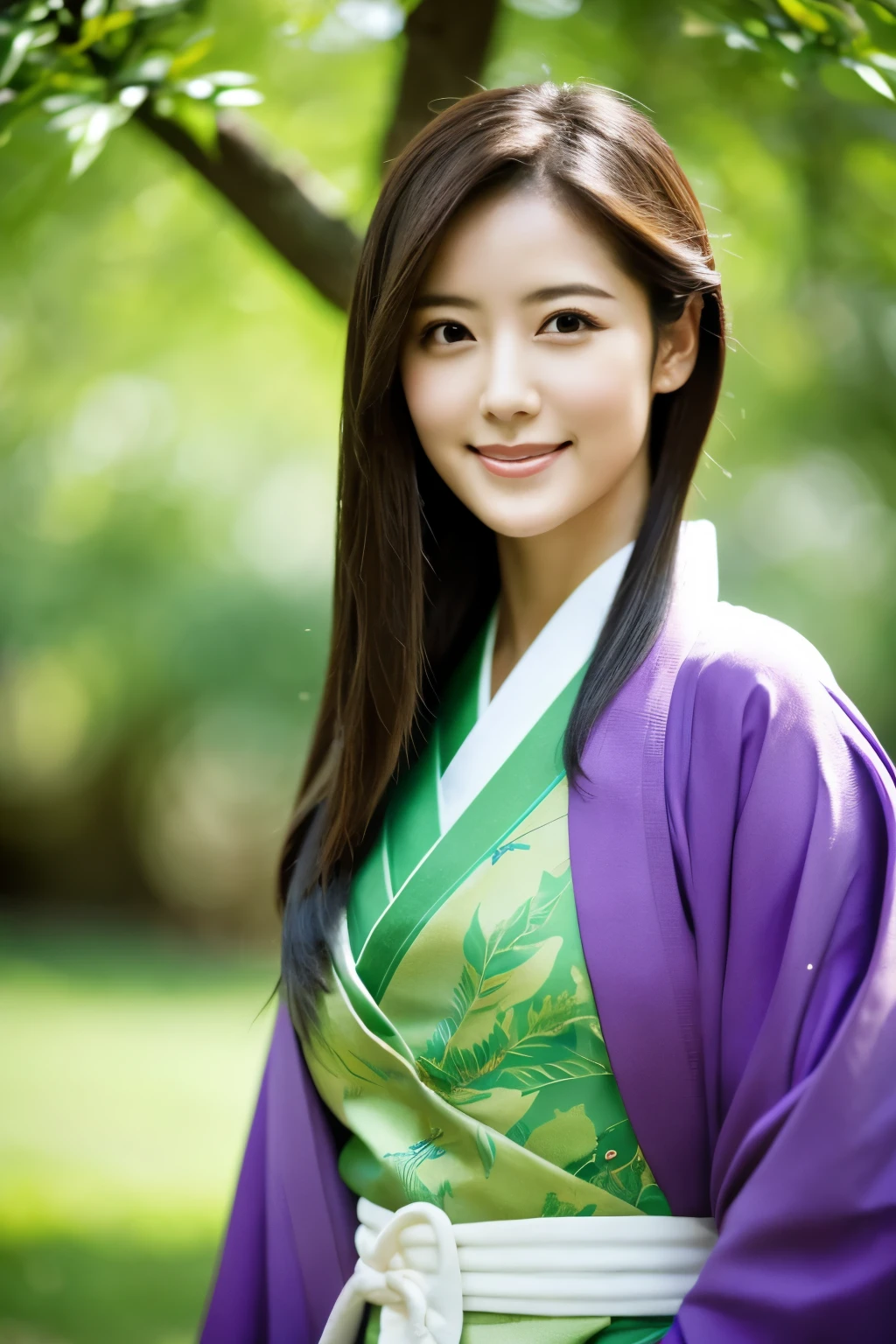 Create a high-quality, hyper-realistic portrait of a beautiful Japanese woman standing outdoors. She has long, straight black hair and is smiling warmly at the camera. She is wearing a traditional Japanese outfit with a purple kimono and a green obi (wide belt). The kimono should have a distinct deep purple color, and the obi should be a vibrant green. The background should feature lush, green foliage, suggesting a serene and natural environment. The lighting should be natural and soft, highlighting her facial features and the texture of her clothing. Ensure the image has detailed facial features, expressive eyes, and an anatomically correct body structure. The overall composition should be bright and vibrant, capturing the elegance and beauty of the woman and her surroundings.