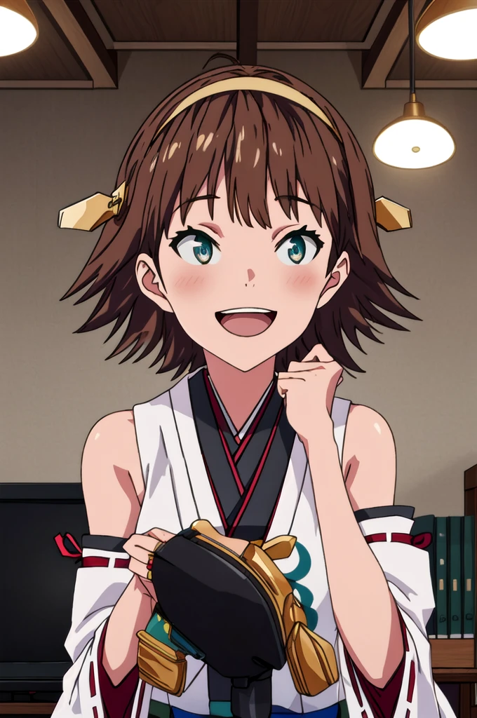Highest quality, masterpiece, High resolution, 一人in, {Hiei Kai-2_Fleet Collection:1.15}, brown_hair, short_hair, hairband, headgear, Non-traditional_Shrine maiden, smile, green_eye, Inverted up_hair, Open_mouth, One girl, independent_sleeve, Japanese_Clothes, Looking_in_Audience, ribbon-trimmed_sleeve, ribbon_trim, whole body, , (indoor, office, living room),