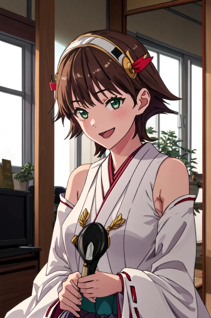 Highest quality, masterpiece, High resolution, 一人in, {Hiei Kai-2_Fleet Collection:1.15}, brown_hair, short_hair, hairband, headgear, Non-traditional_Shrine maiden, smile, green_eye, Inverted up_hair, Open_mouth, One girl, independent_sleeve, Japanese_Clothes, Looking_in_Audience, ribbon-trimmed_sleeve, ribbon_trim, whole body, , (indoor, office, living room),