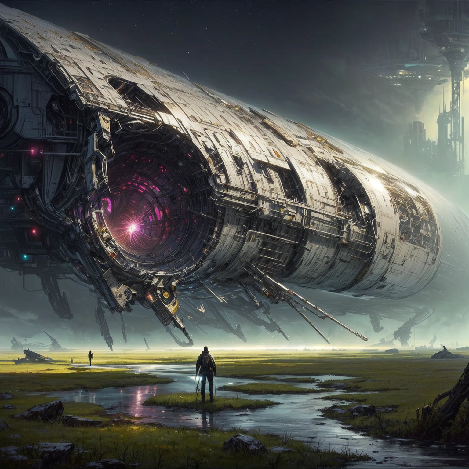 Spaceship in a field with a man in front of it, Greg Beeple, dunkle Science-Fiction-Kunst, mystical sci-fi concept art, Science-Fiction-Kunstwork, paul lehr and beeple, Science-Fiction-Kunst, detailed sci-fi art, Scifi art, Science-Fiction-Fantasy-Kunst, Science-Fiction-Kunst, beautiful Science-Fiction-Kunst