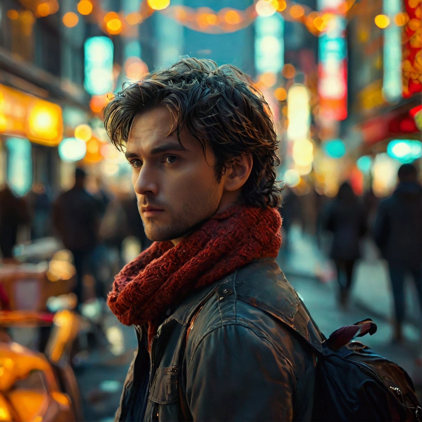 A man who is staring from a distance at a beautiful girl in the middle of a busy city