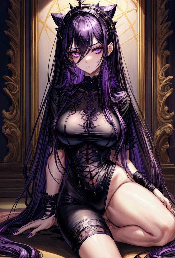 masterpiece, highly detailed, highest quality, high resolution, (1 girl), plain oversized T-shirt, ankle length socks, inky black violet hair, sharp facial features, arrogant and disdainful expression, high-bridged nose, medium height(175cm) slender and slim hourglass body, velvet-colored eyes)dark crimson with a mix of purple)
