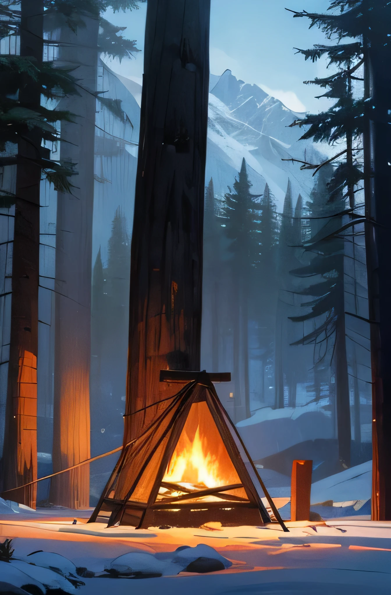 A cozy campsite nestled in the mountains, surrounded by tall pine trees and a crackling fire.
